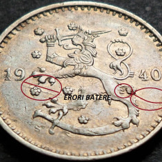 Moneda istorica 1 MARKKA - FINLANDA, anul 1940 *cod 4544 A = ERORI de BATERE