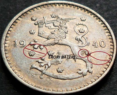Moneda istorica 1 MARKKA - FINLANDA, anul 1940 *cod 4544 A = ERORI de BATERE foto