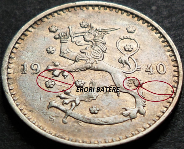 Moneda istorica 1 MARKKA - FINLANDA, anul 1940 *cod 4544 A = ERORI de BATERE
