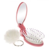 Perie Păr Compactă, Cu Oglindă, Pompon Colorat, Verde/Roz, Travel Size 7.5cm, Oem