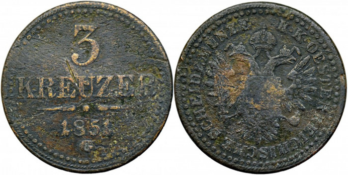 1851 G (Baia Mare), 3 kreuzer - Franz Joseph - Imperiul Habsburgic!