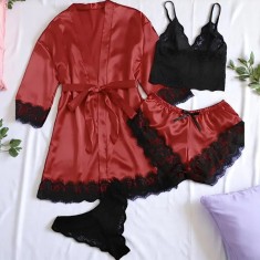 Set Pijama de Dama 4 Piese din Satin, Culoare Bordo- ANI118
