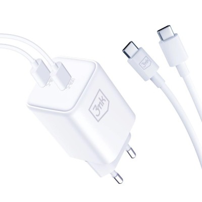 Incarcator Retea Cu Cablu USB-C 3MK HyperCharger, 45W, 3A, 2 x USB-C, Alb foto