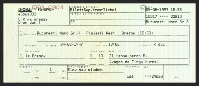 BILET DE TREN CFR, FORMAT MARE - ANUL 1997 - BUCUREȘTI NORD GR. A, PLOIEȘTI VEST, BRAȘOV - CĂILE FERATE ROM&amp;Acirc;NE foto