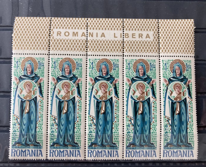 Romania, Exil, Emisiunea XXXIX, Craciun 1964, (straif de 5 dantelat cu margine de coala)
