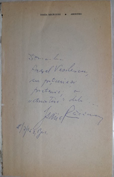 Isaiia Racaciuni Amintiri - cu dedicatie si semnatura olografa