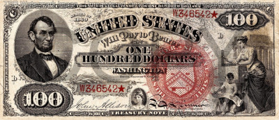 100 dolari 1869 Reproducere Bancnota USD , Dimensiune reala 1:1 foto