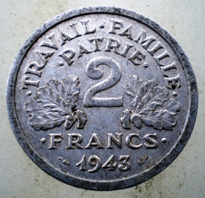 1.109 FRANTA VICHY WWII 2 FRANCS FRANCI 1943 foto