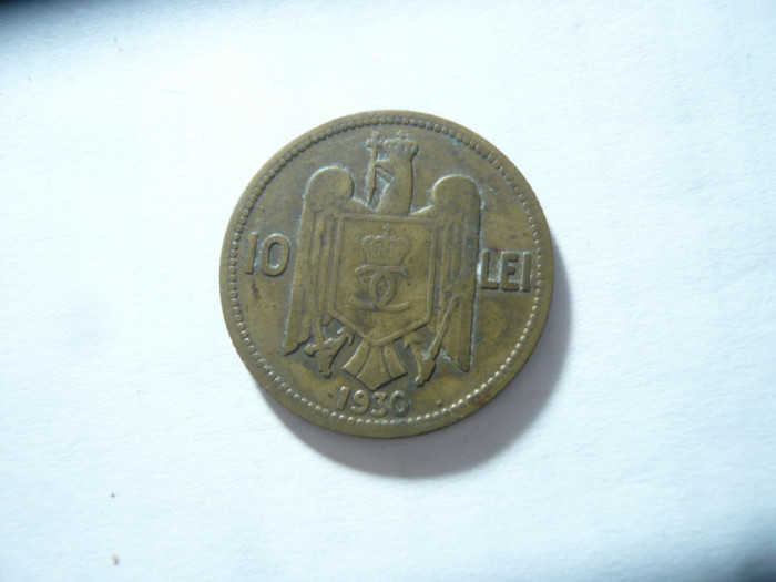 Moneda 10 lei 1930 , Carol II , fara semn monetar , bronz