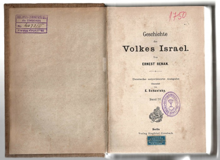 Geschichte des Volkes Israel - Ernest Renan vol. IV, Ed. Siegfried Cronbach 1894