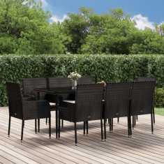 Set mobilier de gradina cu perne, 9 piese, negru, poliratan