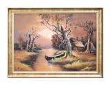 Cumpara ieftin Tablou pictat manual inramat, Apus de soare in Delta Dunarii, 80x60cm ulei pe panza, rama din lemn, Geo Ungureanu