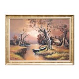 Tablou pictat manual inramat, Apus de soare in Delta Dunarii, 80x60cm ulei pe panza, rama din lemn, Geo Ungureanu