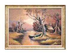Tablou pictat manual inramat, Apus de soare in Delta Dunarii, 80x60cm ulei pe panza, rama din lemn, Geo Ungureanu