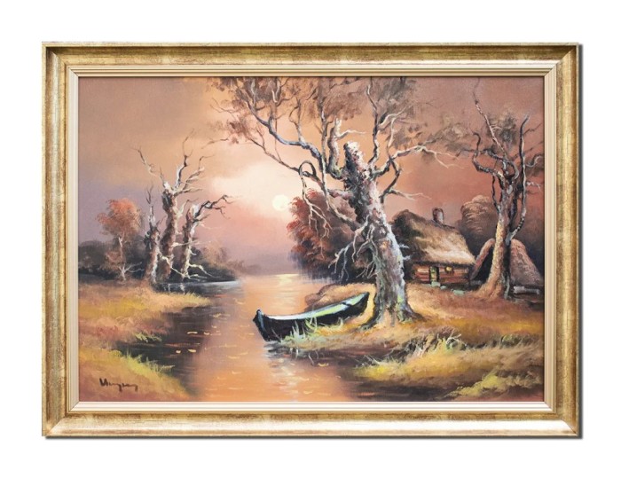 Tablou pictat manual inramat, Apus de soare in Delta Dunarii, 80x60cm ulei pe panza, rama din lemn, Geo Ungureanu