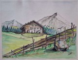 F. Siege-Peisaj tirolian cu cabană - acuarelă veche, Peisaje, Acuarela, Realism