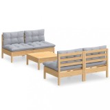 Set mobilier gradina cu perne gri, 5 piese, lemn masiv de pin