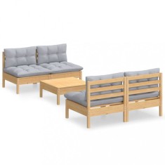 Set mobilier gradina cu perne gri, 5 piese, lemn masiv de pin