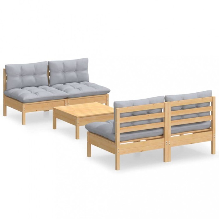 Set mobilier gradina cu perne gri, 5 piese, lemn masiv de pin