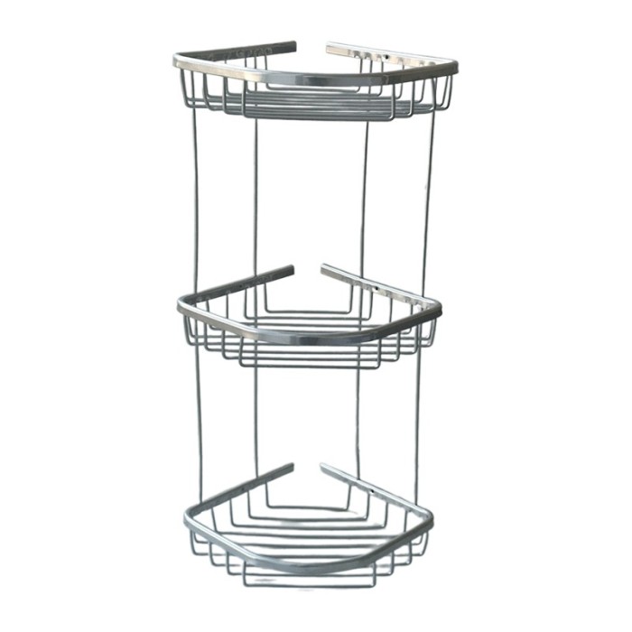 Etajera de colt pentru baie, din aluminiu, 3 rafturi, crom lucios, 220 x 220 x 580 mm