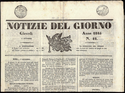 Italy 1845 Stamped Newspaper &amp;quot;Notizie del Giorno&amp;quot; Roma- Complete D.634 foto