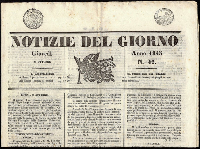 Italy 1845 Stamped Newspaper &quot;Notizie del Giorno&quot; Roma- Complete D.634