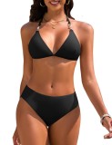 Set bikini pentru femei, sexy, cu triunghi, guler halter, costum de baie din două piese, top bikini, chiloți tip thong, costum de baie ajustabil cu pe