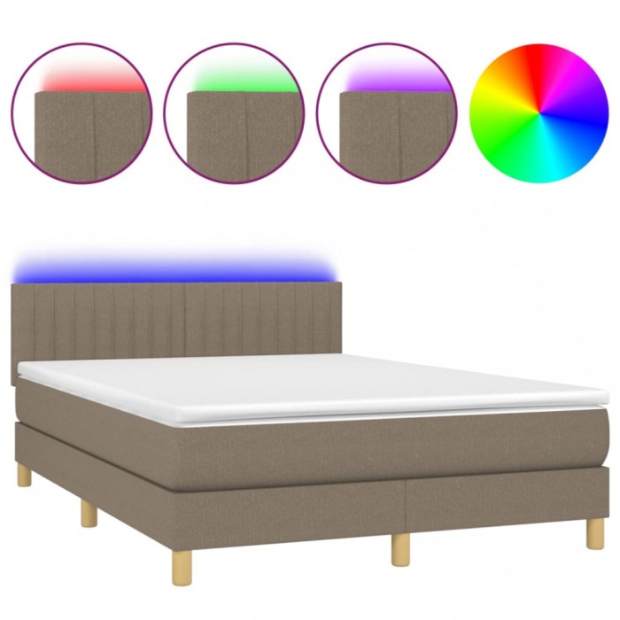 Pat cu arcuri, saltea si LED, gri taupe, 140x200 cm, textil