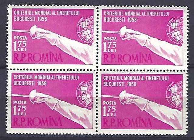 Romania 1958 - Lp 453, Criteriul mondial - scrima, bloc de 4 - MNH