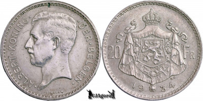 1934, 20 Francs - Albert I - Regatul Belgiei | text olandez | KM 104.1 foto