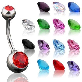 Piercing pentru buric cu un zircon mic și unul mare - Măsuri: 10 mm x 4x6 mm, Culoare zirconiu piercing: Fucsia - F