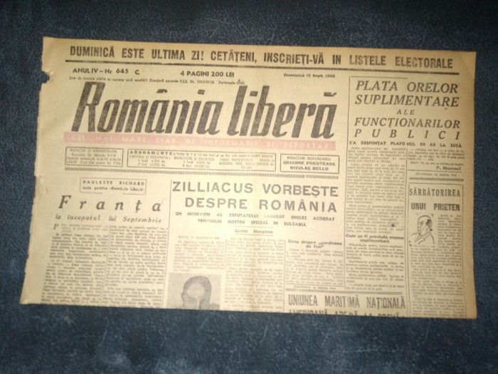 ZIAR ROMANIA LIBERA 15 SEPTEMBRIE 1946