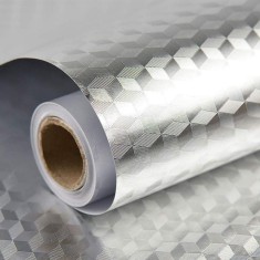 Autocolant de bucatarie, flippy, autoadeziv, impermeabil, rezistent la temperaturi ridicate, din pvc, 30 x 100 cm, model cub 3d, argintiu