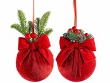 Set 2 ornamente brad Craciun catifea rosie plastic verde &Oslash; 12 cm x 23 H