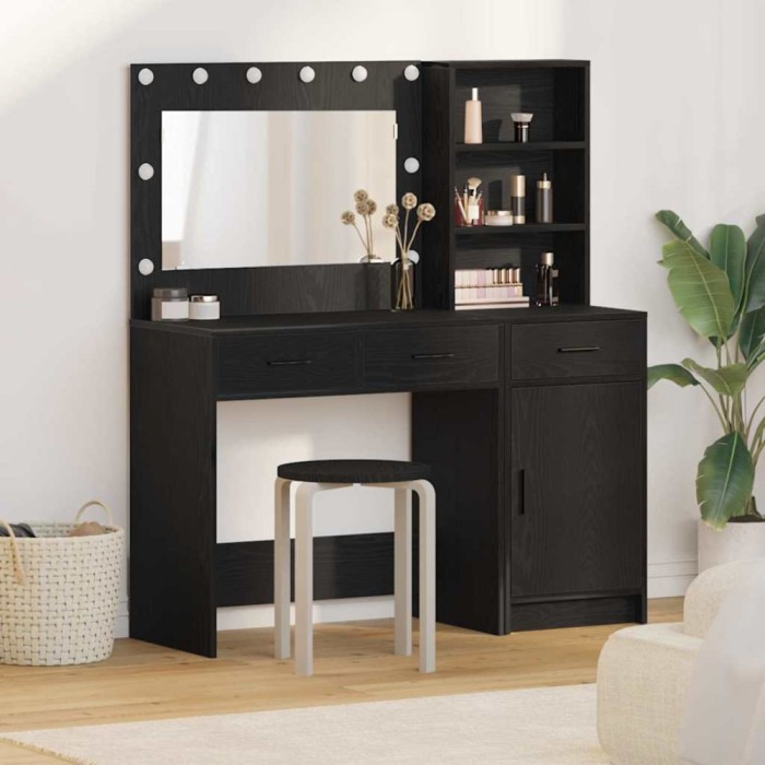 Set masă toaletă cu LED, 2 piese, negru, lemn prelucrat