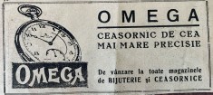 1931 Reclamă rom&acirc;nească CEASURI de buzunar OMEGA in Romania interbelica in magazinele de CEASORNICE si BIJUTERII comertul de lux interbelic Romania