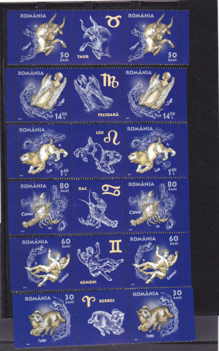 ZODIAC I ,serie in triptic cu vinieta,Lp.1900, 2011, MNH ** ROMANIA.