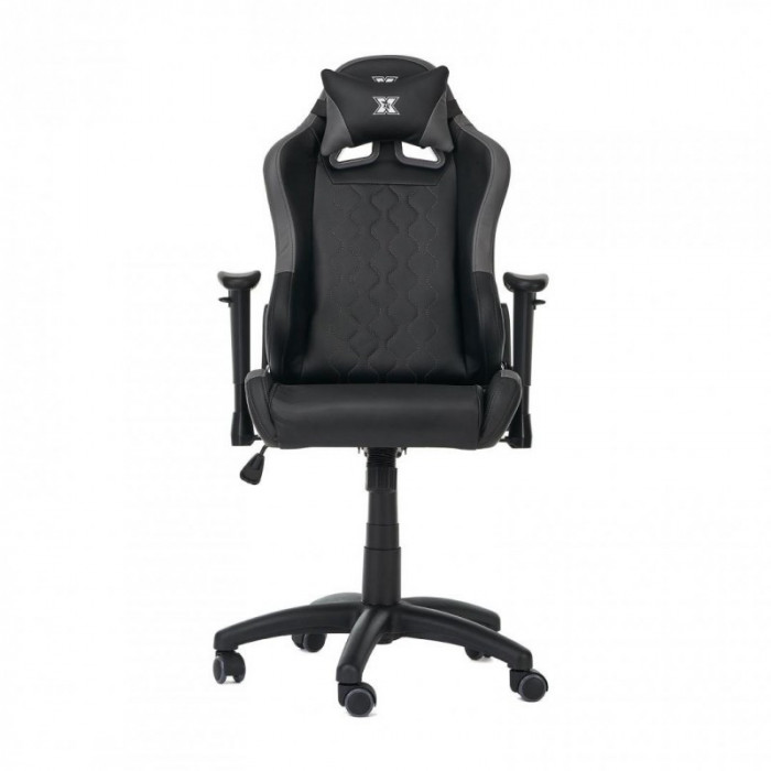 Scaun gaming pentru copii Serioux, 108-117.5 cm, piele ecologica, piston gaz, manere reglabile, maxim 100 kg, Negru/Gri