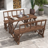 Outsunny Set de mobilier de terasa din 3 piese, pentru exterior, Set din lemn pentru gradina cu doua scaune, decoratiune in forma de roti de trasura,