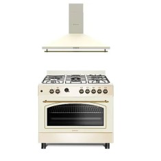 Pachet Aragaz Studio Casa, FE90/60 El Avena Rustic, 90 cm, Cuptor electric, 4 arzatoare gaz, din care unul Wok + Hota decorativa cu design rustic Tosc