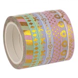 Set Benzi Adezive Washi Tape, 7 Buc, Multicolor, Diverse Modele, Folie Aurie, 5m x 0.5cm, Oem