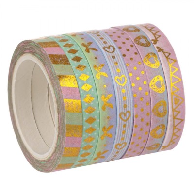 Set Benzi Adezive Washi Tape, 7 Buc, Multicolor, Diverse Modele, Folie Aurie, 5m x 0.5cm foto