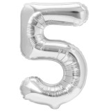 Balon din folie metalizata, flippy, figurina cifra, tema aniversare 80 cm, ambalaj individual, pai inclus, umflare cu aer sau heliu, argintiu, cifra 5