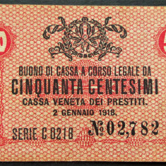 BANCNOTA ISTORICA 50 CENTESIMI - AUSTRO-UNGARIA (ITALIA), anul 1918 * cod 343