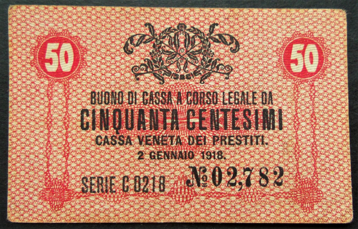 BANCNOTA ISTORICA 50 CENTESIMI - AUSTRO-UNGARIA (ITALIA), anul 1918 * cod 343