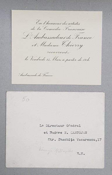 INVITATIE LA DINEU TRIMISA DE AMBASADORUL FRANTEI LA BUCURESTI , DOMNULUI N. CARTOJAN , PERIOADA INTERBELICA