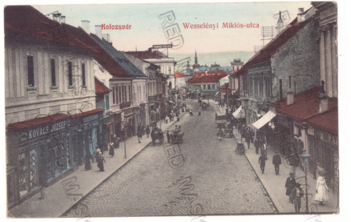 2423 - CLUJ, street stores, Romania - old postcard - used - 1908