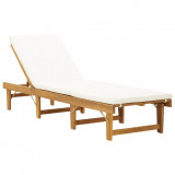 Șezlong Pliabil Lemn Acacia vidaXL cu Perna, 200x61 cm, Reglabil 4 Inaltimi, Alb Crem