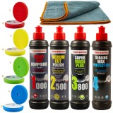 Set Menzerna 4 Pasi Polish Auto: Pasta Polish 1000, 2500, 3800, Ceara + Bureti Aplicare, Laveta Microfibra