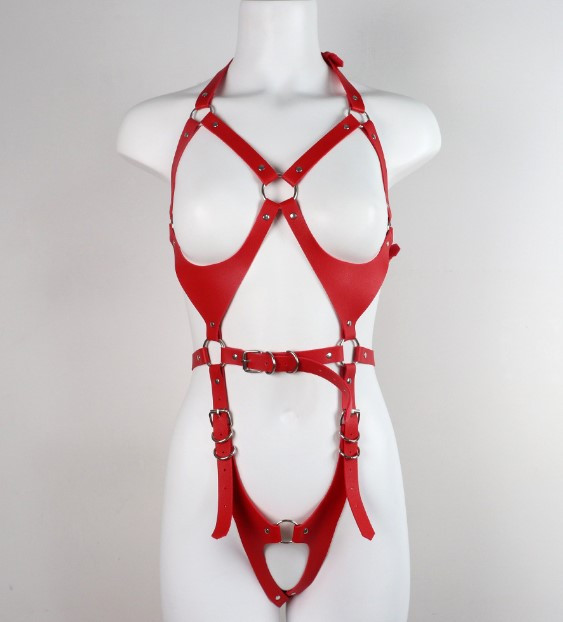 Harness Body, Piele Ecologica, Rosu, S-L, Guilty Toys